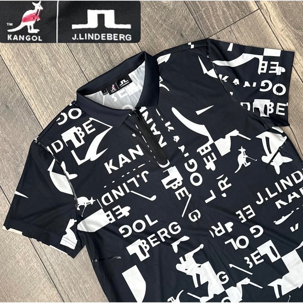 J.Lindeberg x Kangol Miro Print Golf Polo Black White XL GMJT14208 Quarter Zip